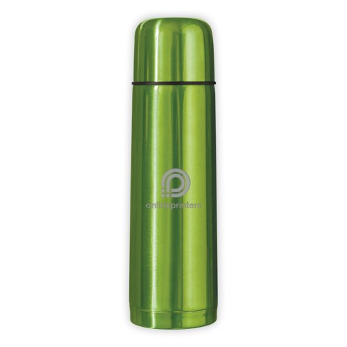 Green stainless steel insulated thermos with screw cap.