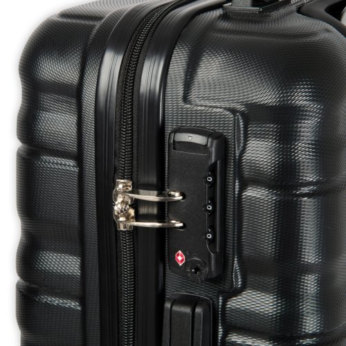 Black travel trolley with wheels and combination lock.