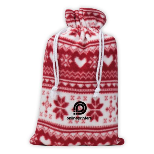 Patterned fleece blanket with drawstring.