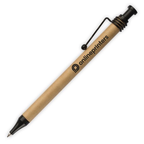 Brown cardboard ballpoint pen with clip and push mechanism.