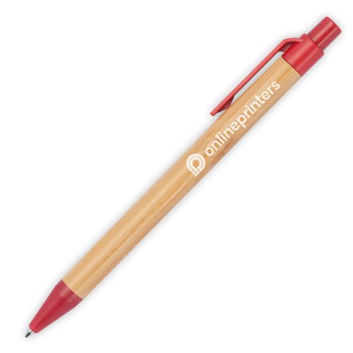 Red bamboo ballpoint pen with clip and push mechanism.