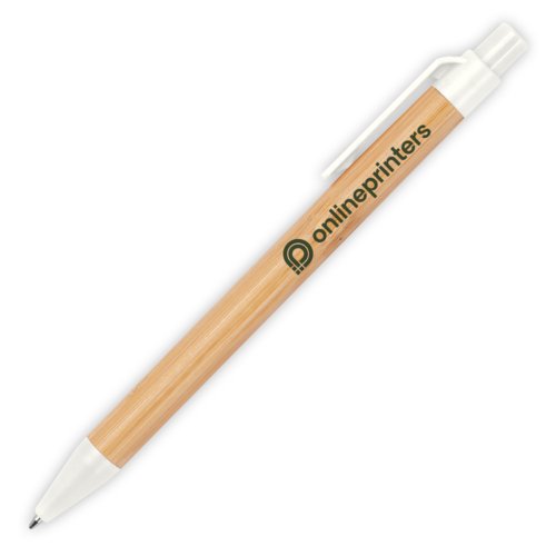 White bamboo ballpoint pen with clip and push mechanism.