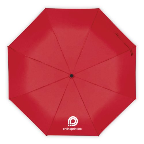 Red umbrella with manual opening mechanism.