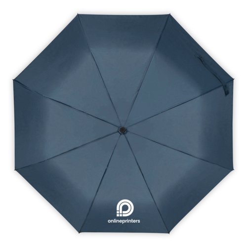 Dark blue umbrella with manual opening mechanism.