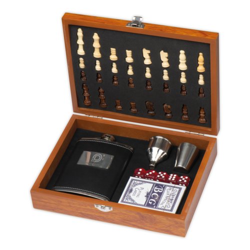 Wooden game set with chess pieces, dice, playing cards and flask.