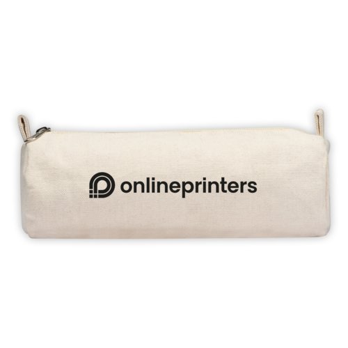 Off-white fabric pencil case with zipper.