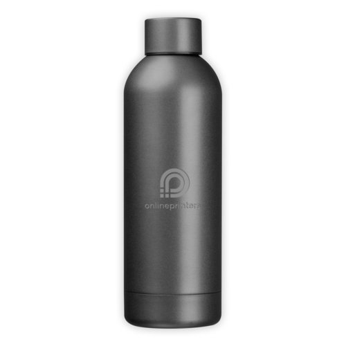 Gray metal vacuum water bottle with screw cap.
