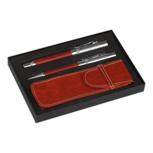 Brown writing set with ballpoint pen, fountain pen and case.