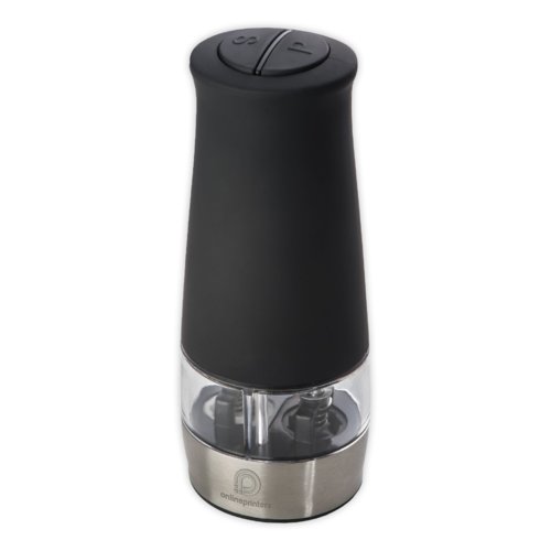 Black electric salt and pepper grinder with patterns.