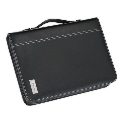 Black faux leather writing case with ring binder mechanism and handle.