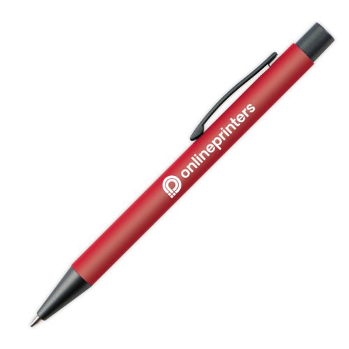 Burgundy metal ballpoint pen with clip and push button.