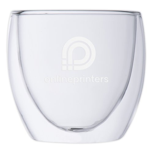Transparent glass espresso cup set with vacuum insulation.
