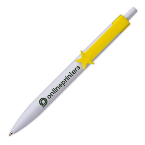 Yellow plastic ballpoint pen with clip and push button.