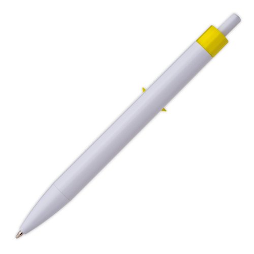 Yellow plastic ballpoint pen with clip and push button.