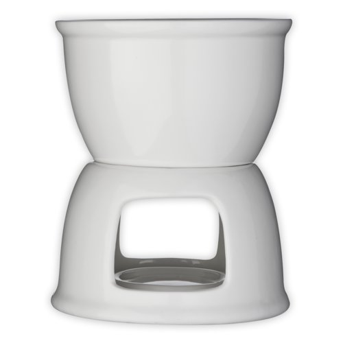 White ceramic chocolate fondue set with removable top.