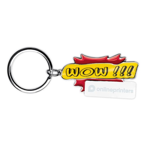 Red metal comic-style keychain with ring.