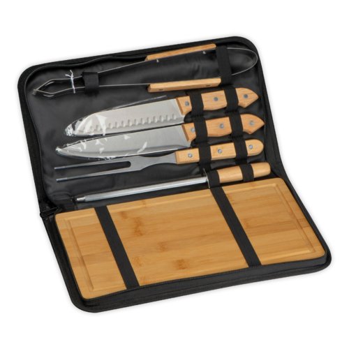 Black barbecue set with wooden and stainless steel tools in a zippered case.