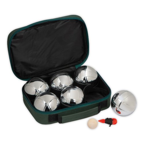 Silver-colored boules set with bag, target ball and distance measuring tool.