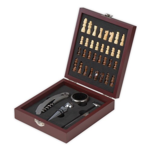 Wooden wine set with chessboard and accessories.
