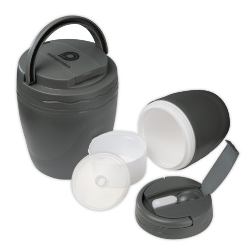 Gray plastic food container with handle and compartments.