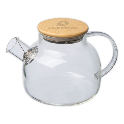 Clear glass teapot with bamboo lid and handle.