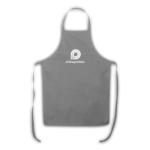 Gray cotton apron with neck strap and long ties.