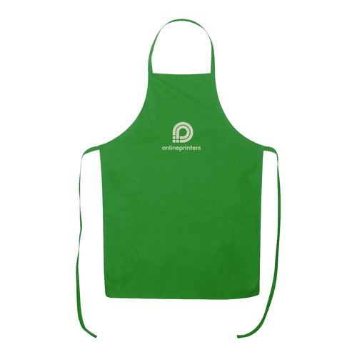 Green cotton apron with neck strap and long ties.
