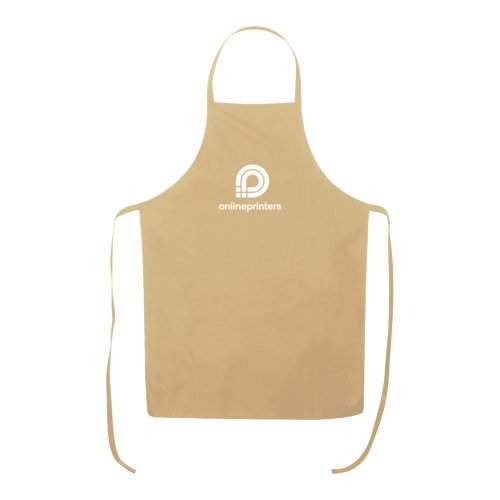 Beige cotton apron with adjustable neck strap and long waist ties.