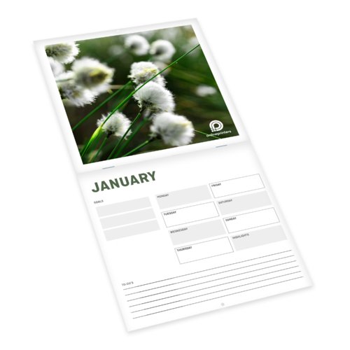 Paper wall calendar with cover sheet and spiral binding.