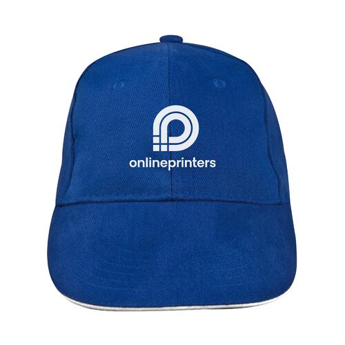 Blue 6-panel cotton baseball cap with adjustable strap.