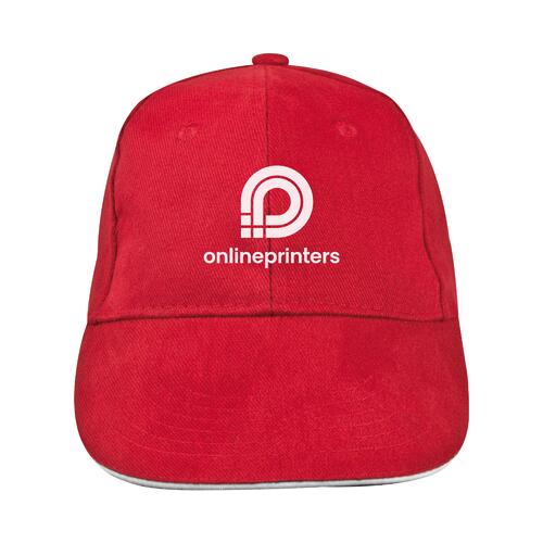 Red fabric baseball cap with six panels.