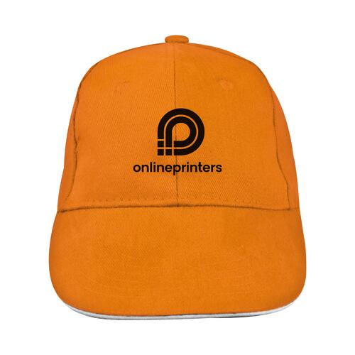 Orange fabric 6-panel baseball cap with reinforced front.
