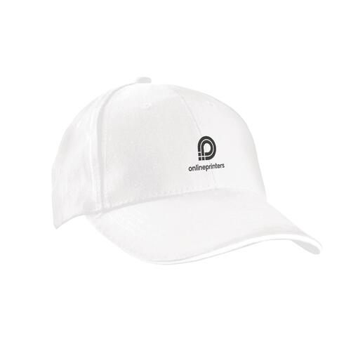 White baseball cap with six panels and adjustable strap.