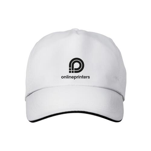 White cap with pre-curved visor and adjustable closure.