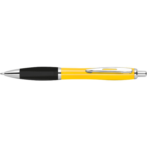 Yellow ABS ballpoint pen with clip and push button.