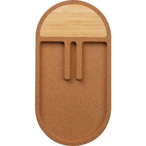 Beige cork and bamboo desk organizer with compartments.