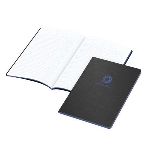 Dark notebook with soft cover and dotted grid.