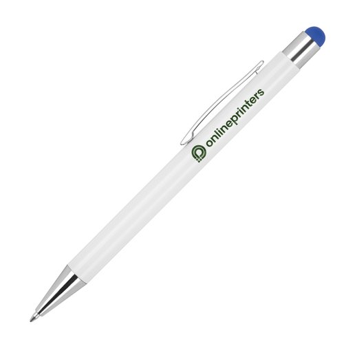 Blue metal ballpoint pen with touch pen function and clip.