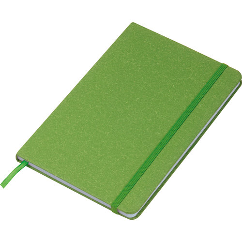 Green notebook with elastic closure and bookmark.