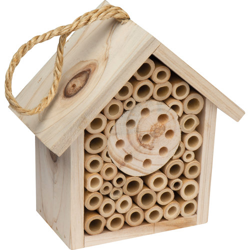 Beige wooden insect hotel with hanging device.