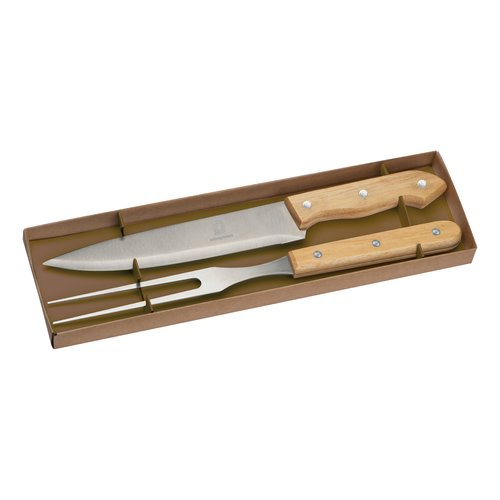 Beige stainless steel meat fork with handle.