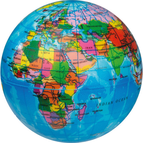 Multicolor foam anti-stress ball in the shape of a globe.