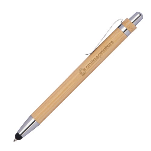 Light wooden ballpoint pen with clip and stylus function.