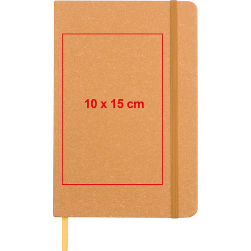 Brown paper notebook with elastic band and ribbon bookmark.