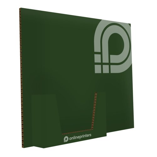 Green cardboard brochure holder with filling depth.