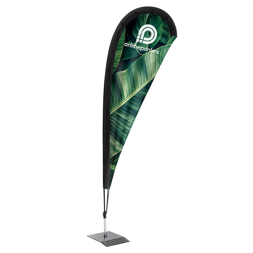 Teardrop-shaped fabric flag with mounting system.