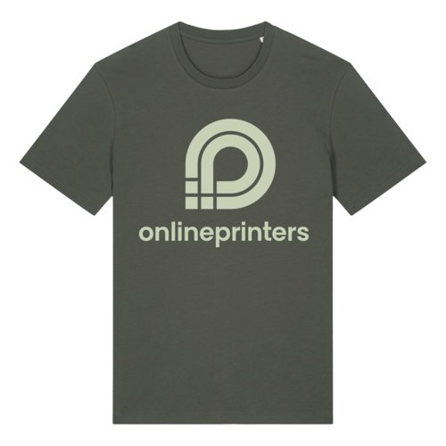 Khaki organic cotton T-shirt with short sleeves and round neck.