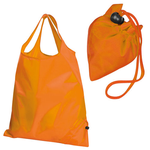 Orange synthetic fabric bag that transforms into a small pouch.