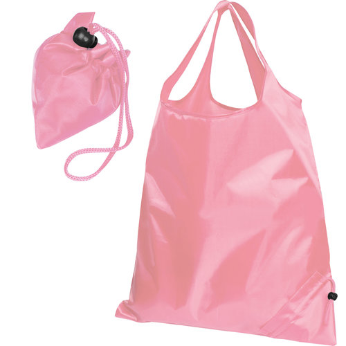 Pink fabric bag with drawstring for stowing.