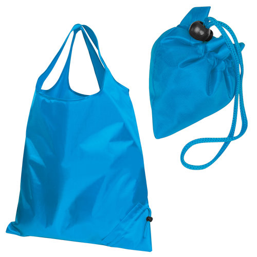 Light blue fabric convertible bag with drawstring.